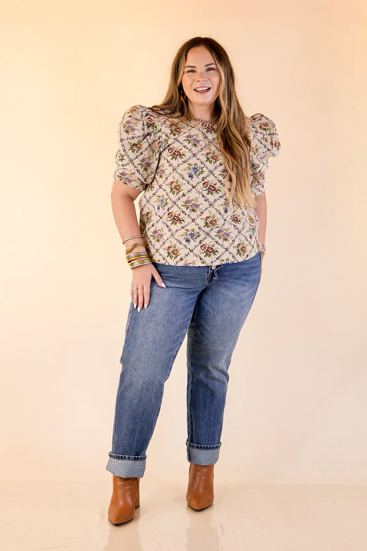 Delicate Details Puff Sleeve Floral Print Top in Cream