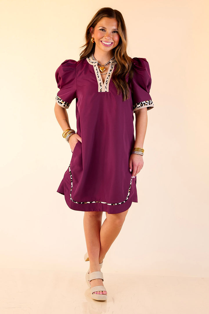 Standout Style Dress with Short Balloon Sleeves and Leopard Print Trim in Maroon