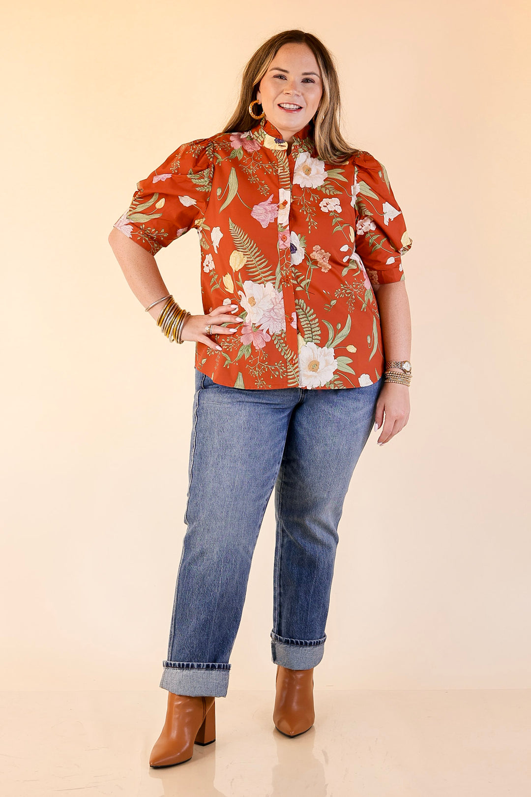 First Glance Button Up Puff Sleeve Floral Print Top in Rust Orange