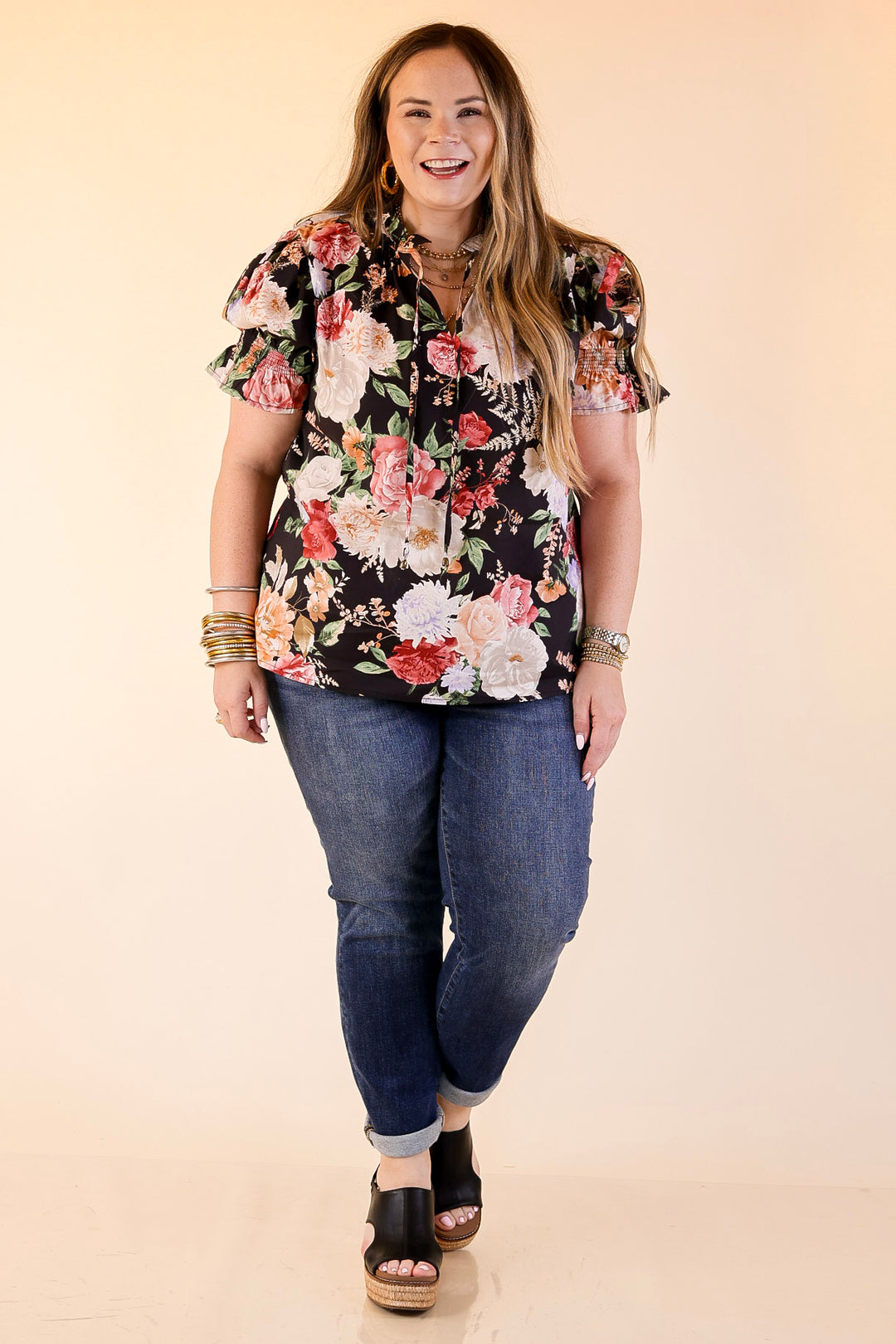 Freshly Picked Floral Print Top with Short Puff Sleeves in Black
