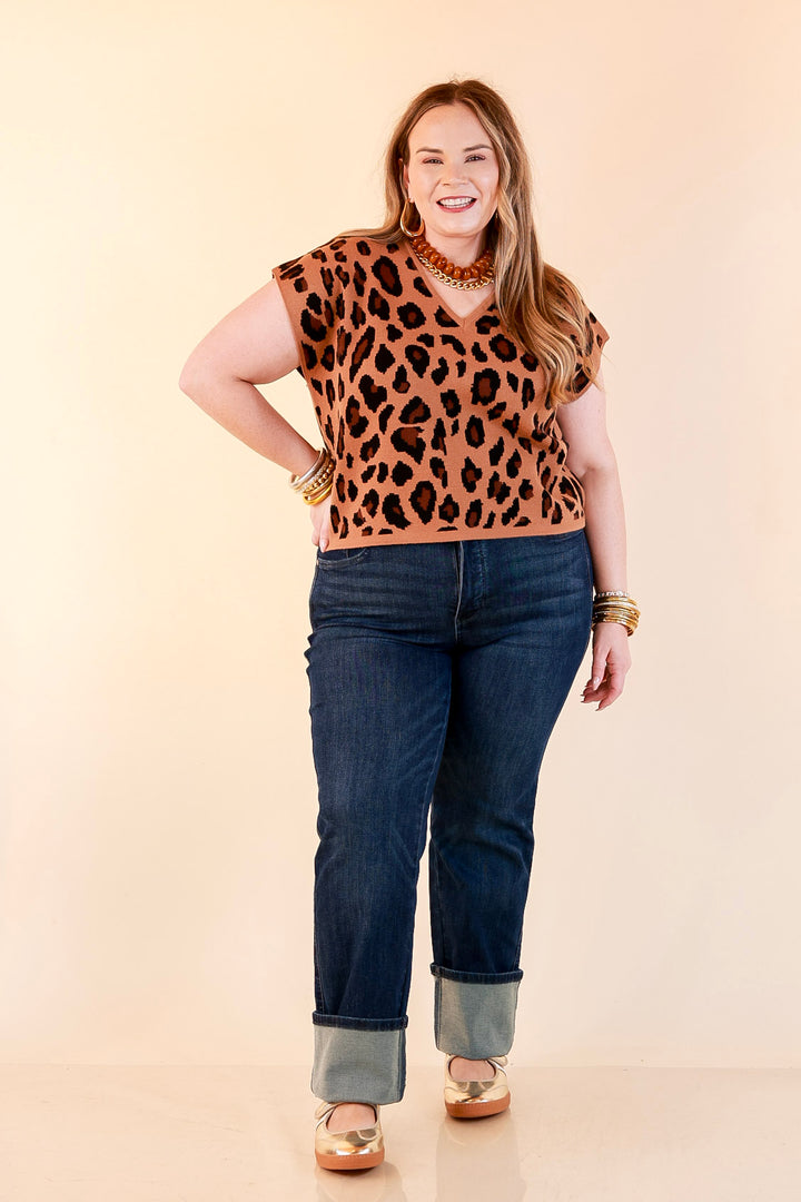Natural Instinct Leopard Print V-Neck Sweater Knit Top in Camel and Black