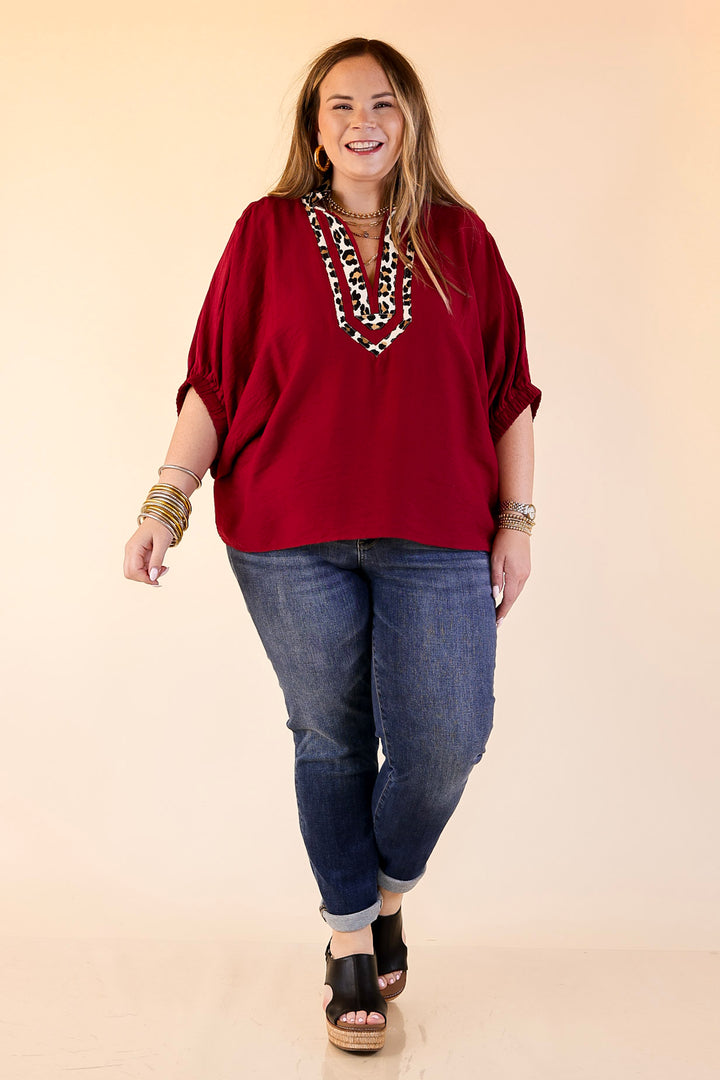 Naturally Stylish Leopard Print Trim Poncho Top in Maroon