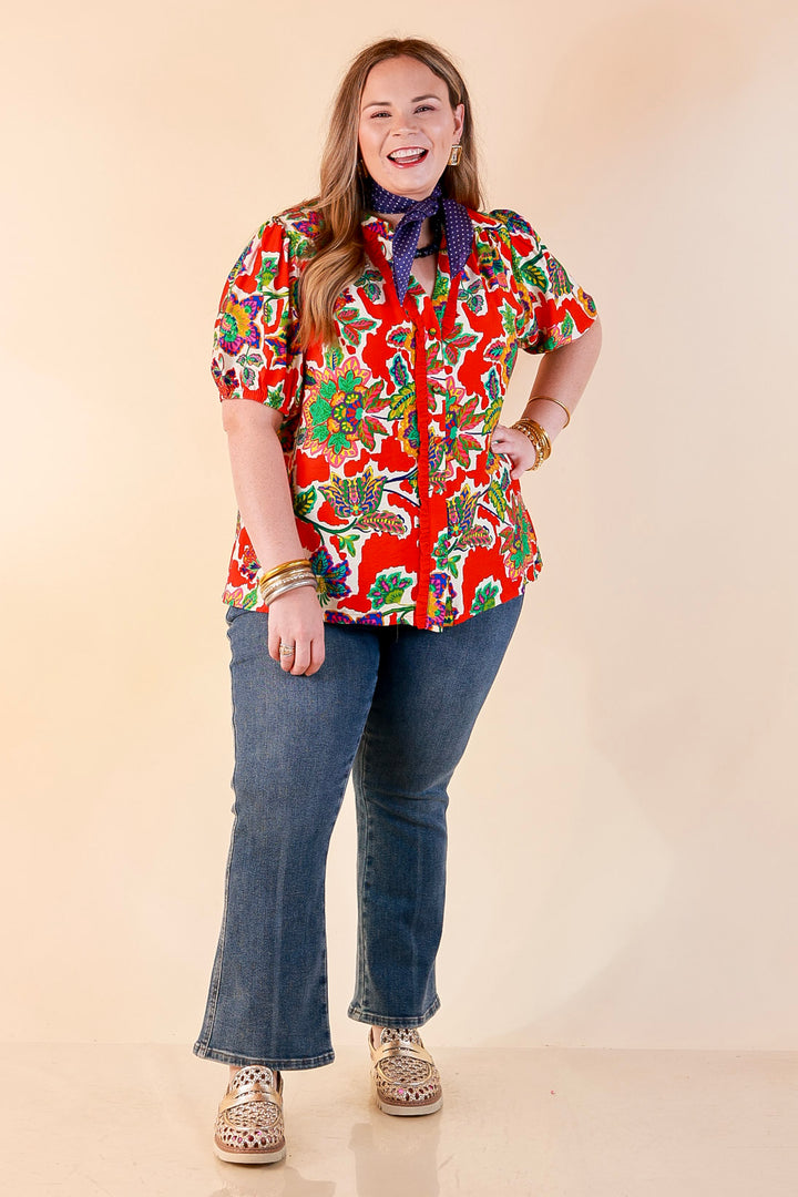 Petal Pop Floral Print Ruffle Front Button Up Top with Puff Sleeves in Red