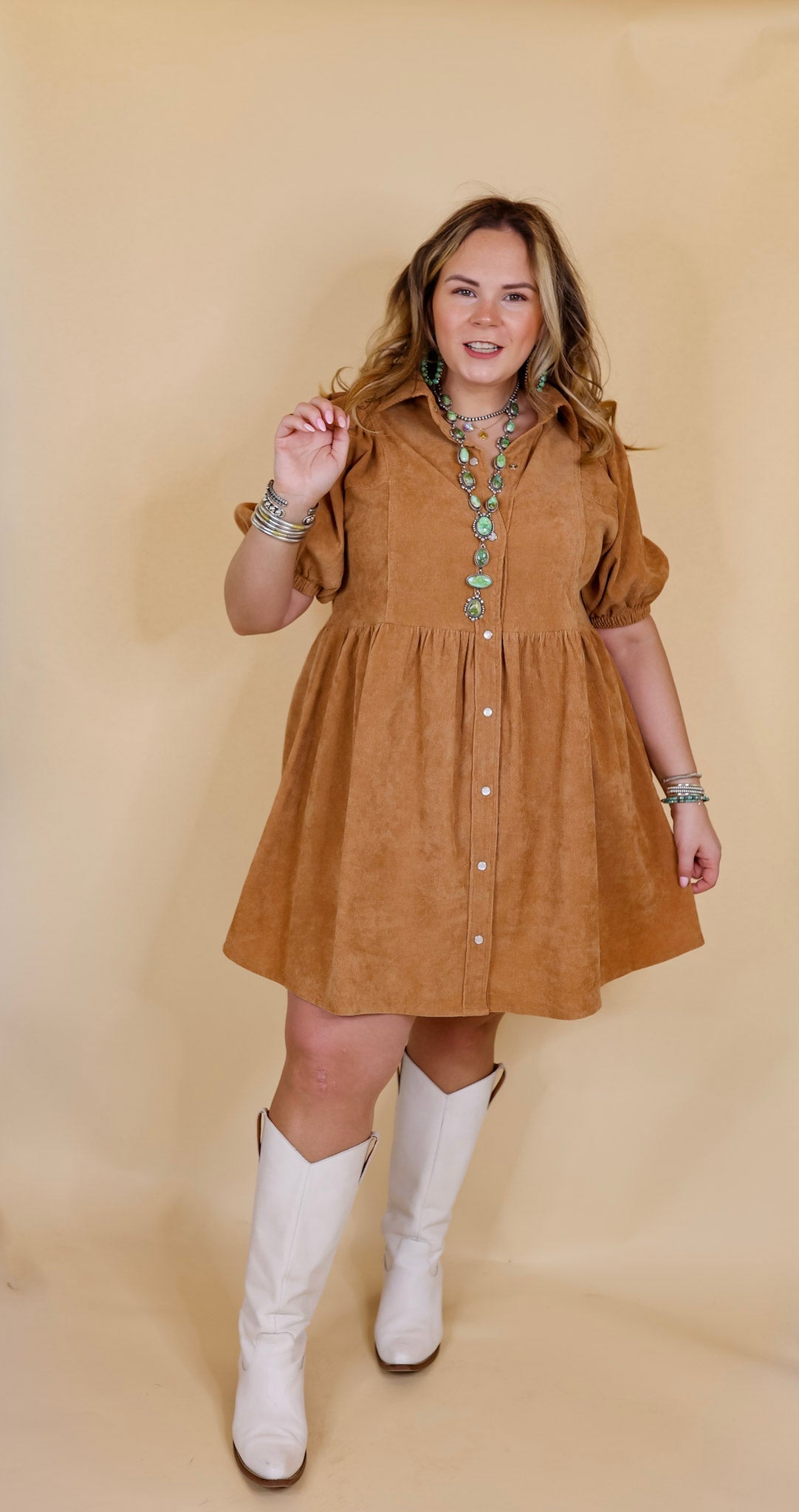 Adventures Ahead Button Up Corduroy Babydoll Dress in Camel Brown - Giddy Up Glamour Boutique