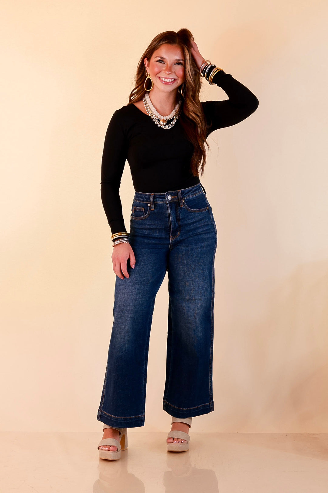 Judy Blue | Wide Open Style Ankle Length Cropped Wide Leg Tummy Control Trouser Denim Jeans in Dark Wash