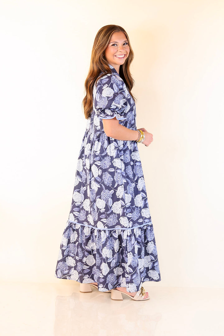 Petals & Poetry Hydrangea Floral Puff Sleeve Tiered Maxi Dress in Navy Blue