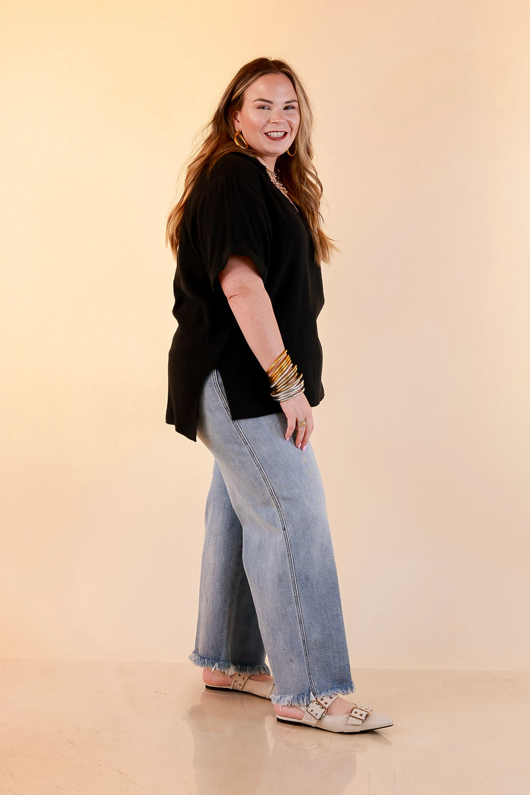 Quite Appropriate Short Sleeve Collared V Neck Linen Top with Rolled Sleeve Detail in Black