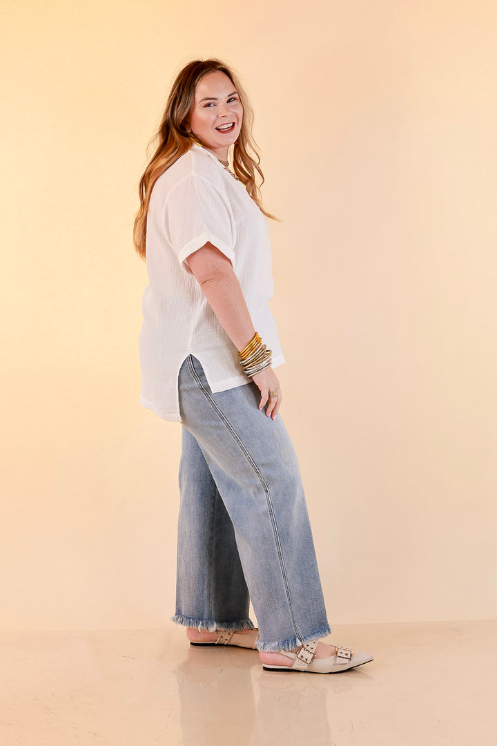 Quite Appropriate Short Sleeve Collared V Neck Linen Top with Rolled Sleeve Detail in White