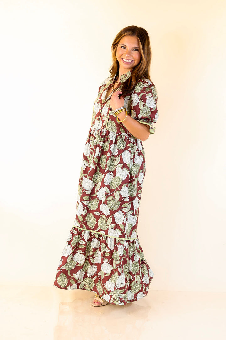 Petals & Poetry Hydrangea Floral Puff Sleeve Tiered Maxi Dress in Maroon
