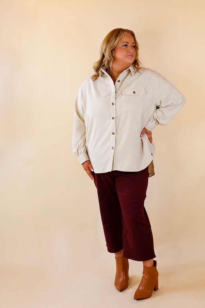 All Dolled Up Button Up Corduroy Shacket in Ivory - Giddy Up Glamour Boutique