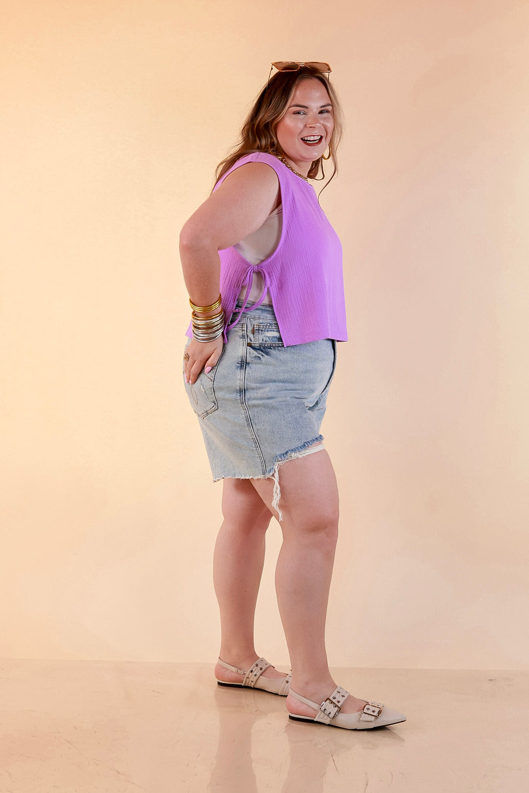 Tie it Together Sleeveless Linen Tank Top with Side Tie Detail in Lavender Purple