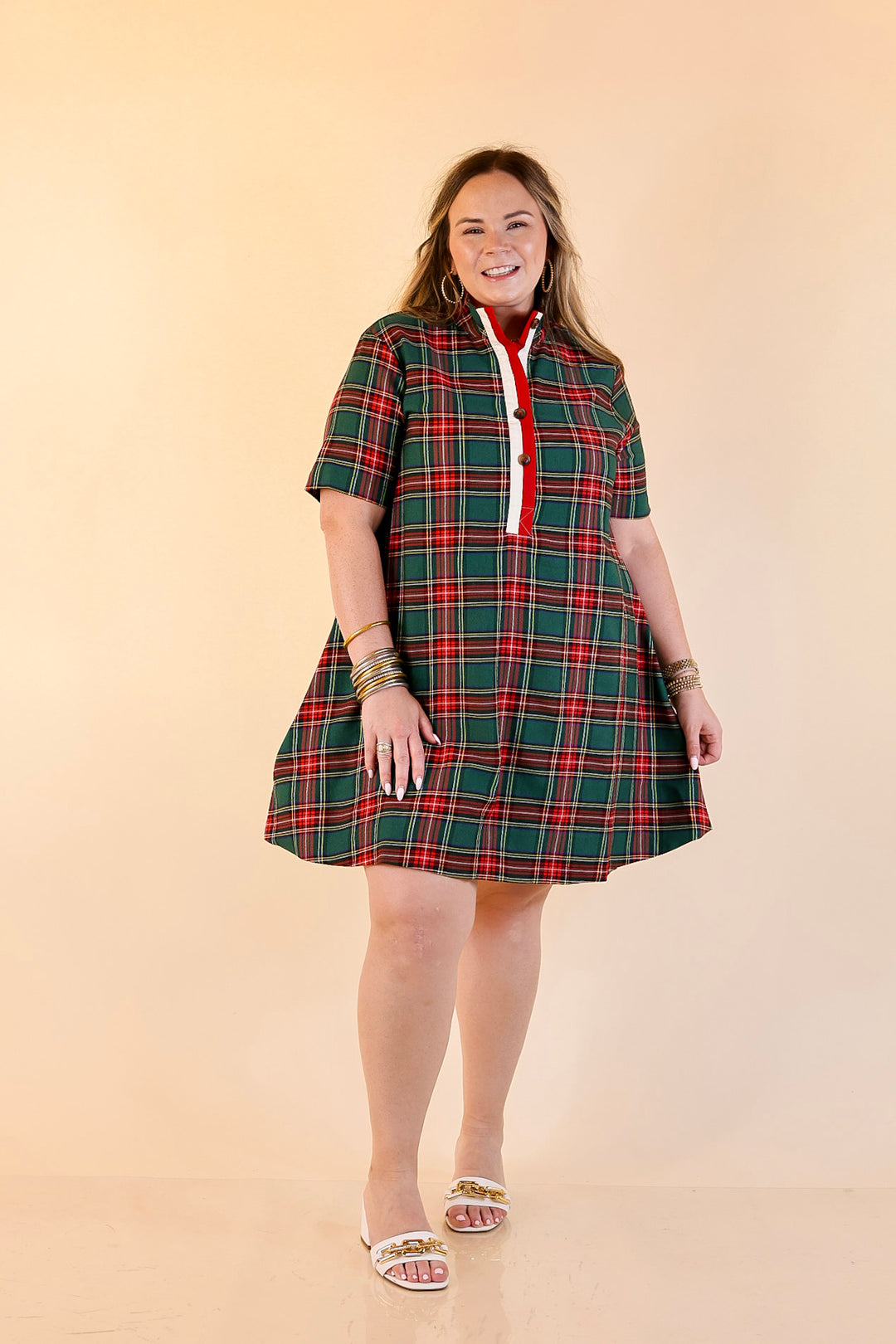 Seasonal Shift Plaid Dress with Pockets and Button Detailing in Green