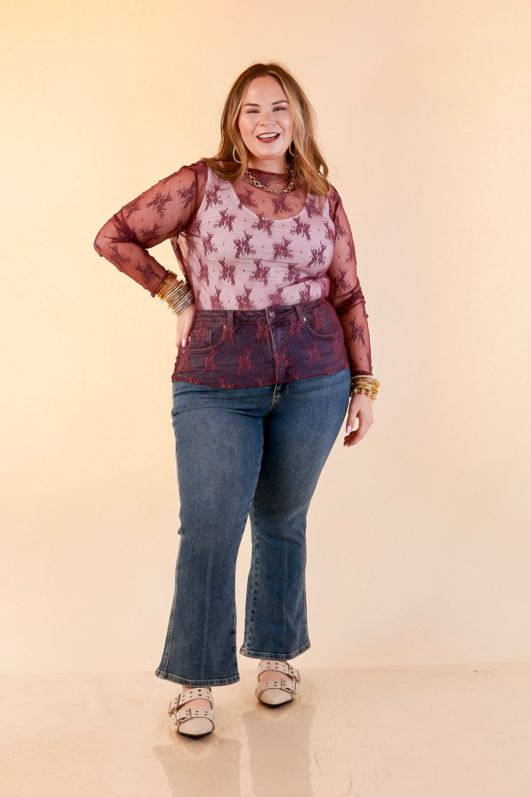 Delicate Charm Long Sleeve Sheer Lace Top with Mock Neck in Dark Purple