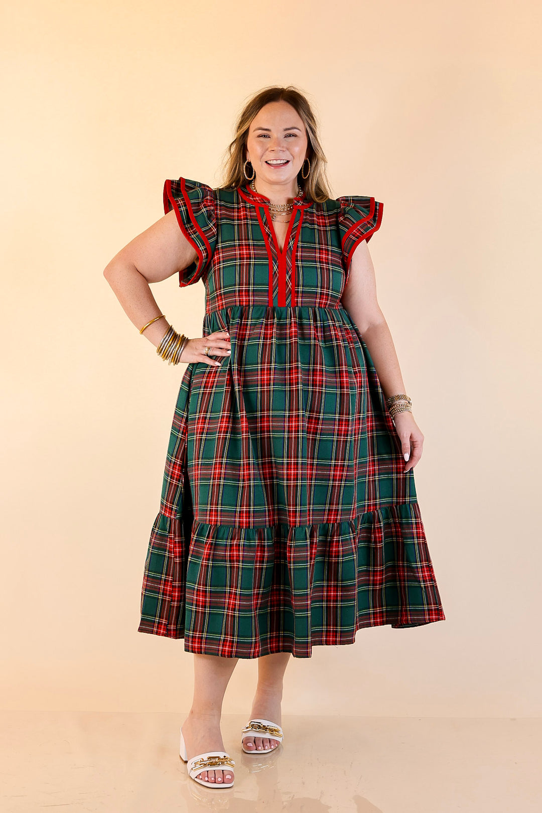 Plaid Midi Dress with Ruffle Sleeves and Tiered Skirt in Green and