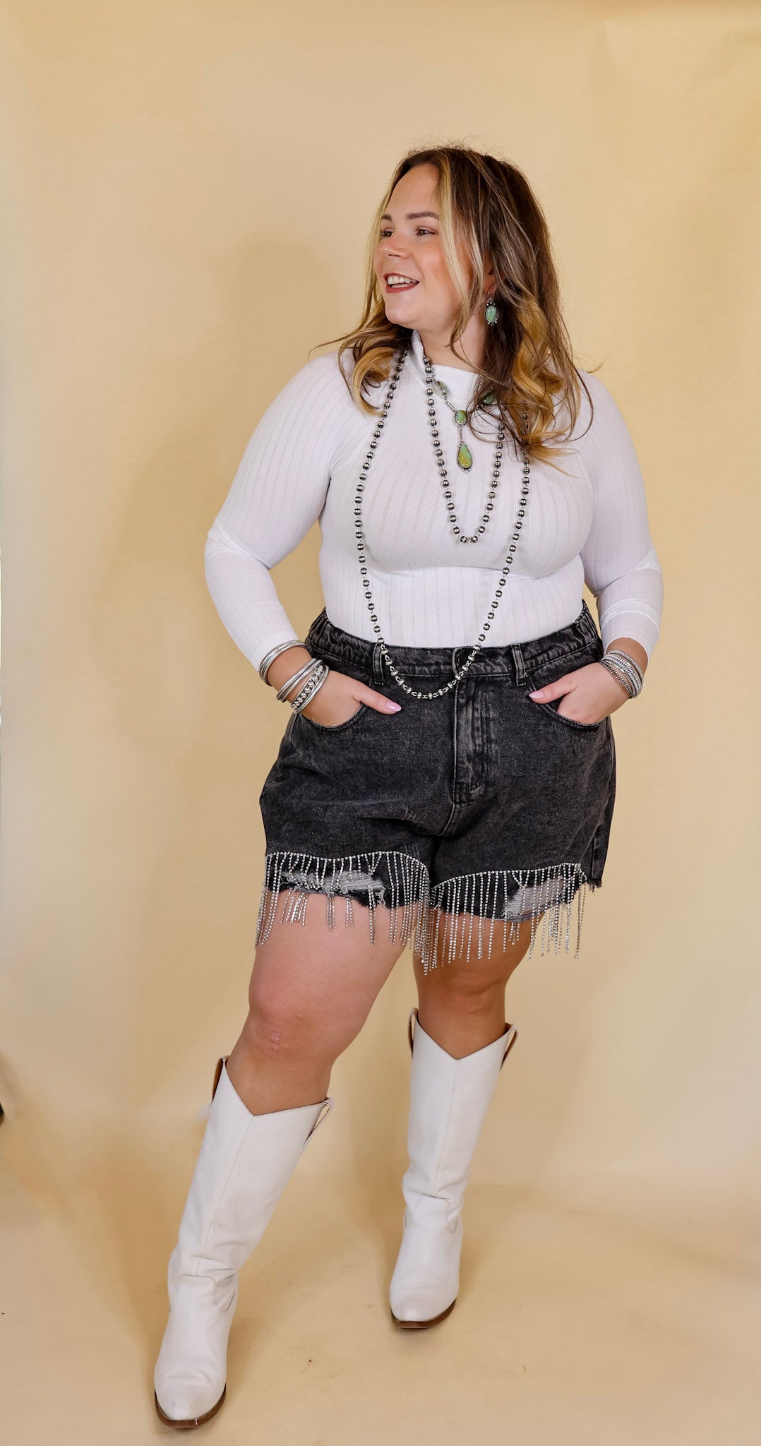 Saddle Up Crystal Fringe Distressed Denim Shorts in Black - Giddy Up Glamour Boutique