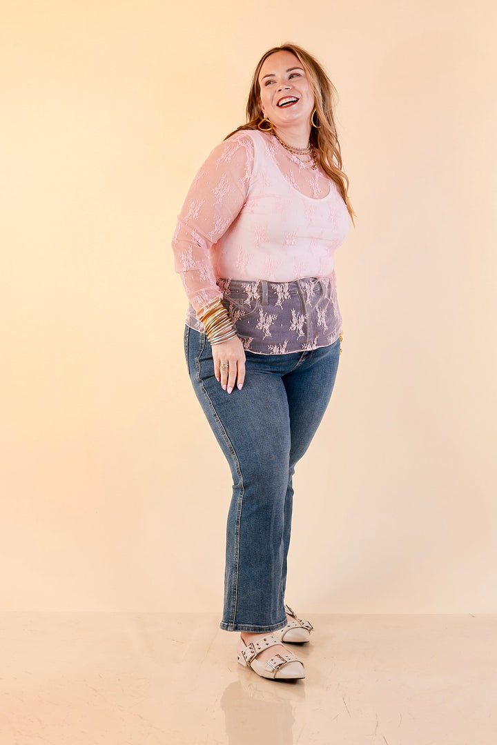 Delicate Charm Long Sleeve Sheer Lace Top with Mock Neck in Pale Pink