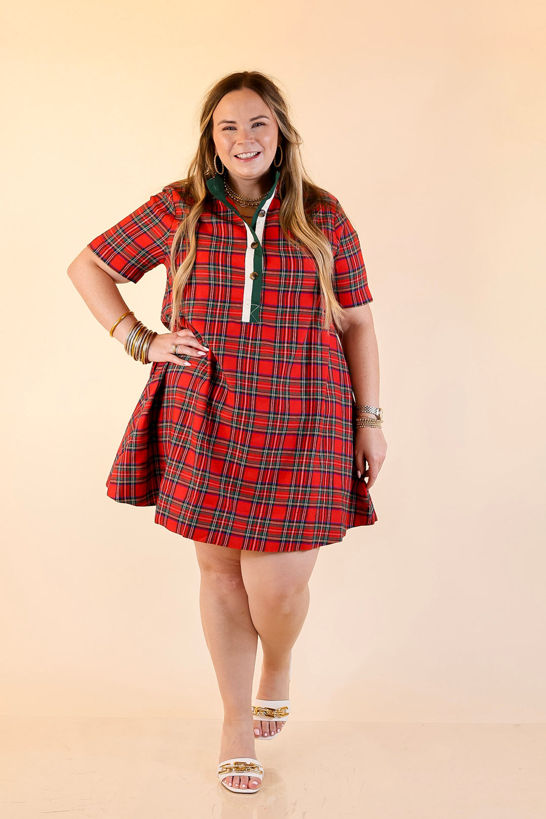 Seasonal Shift Plaid Dress with Pockets and Button Detailing in Red
