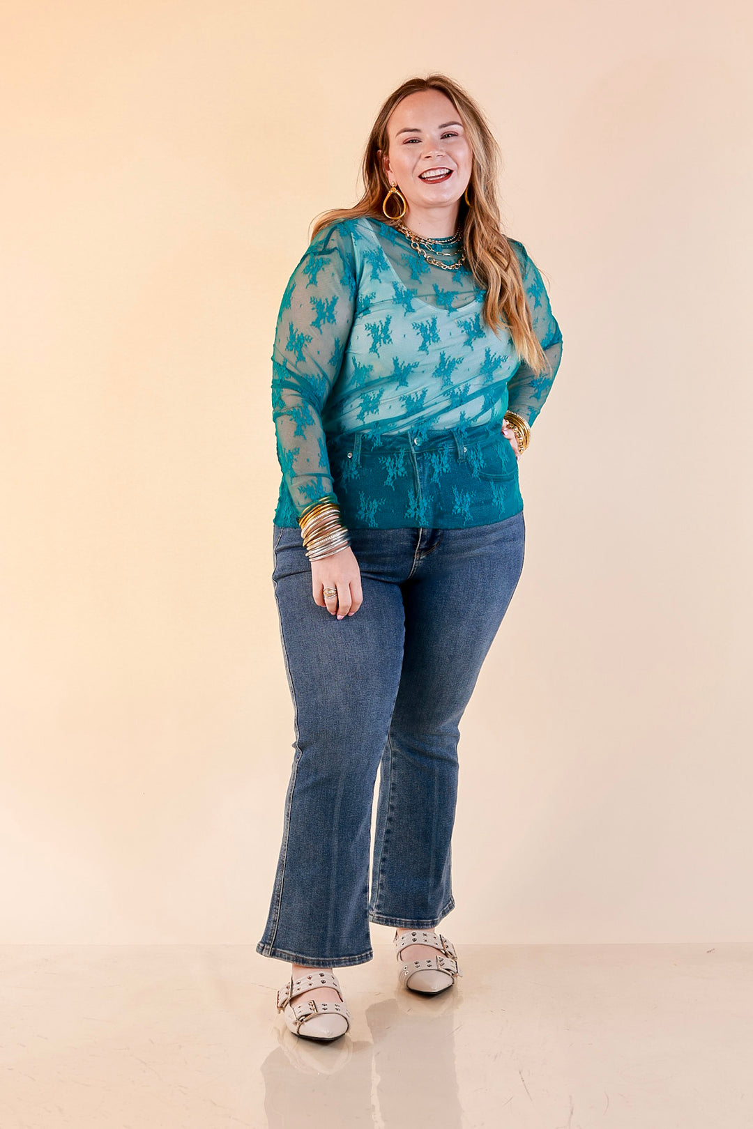 Delicate Charm Long Sleeve Sheer Lace Top with Mock Neck in Turquoise Blue