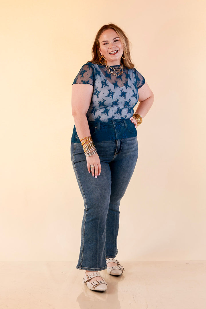 Lovely in Lace Sheer Mock Neck Short Sleeve Top in Teal Blue