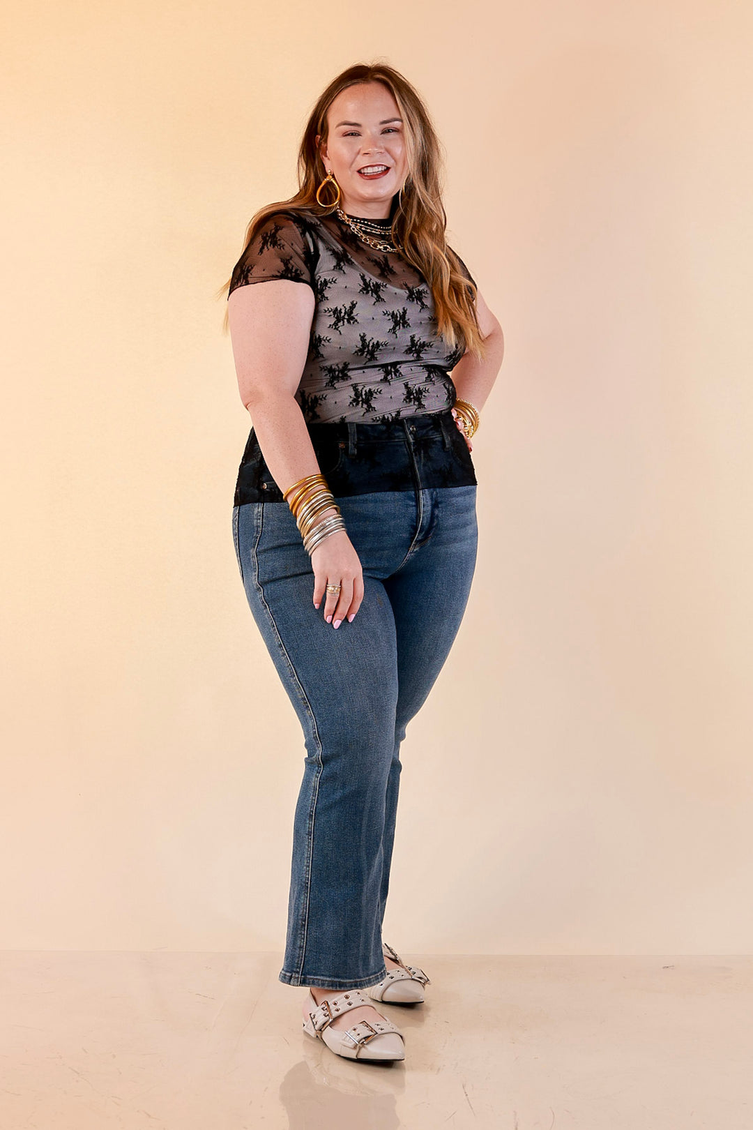 Lovely in Lace Sheer Mock Neck Short Sleeve Top in Black