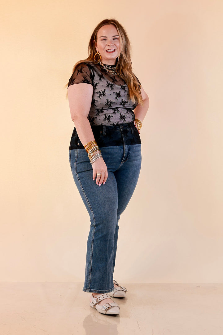 Lovely in Lace Sheer Mock Neck Short Sleeve Top in Black