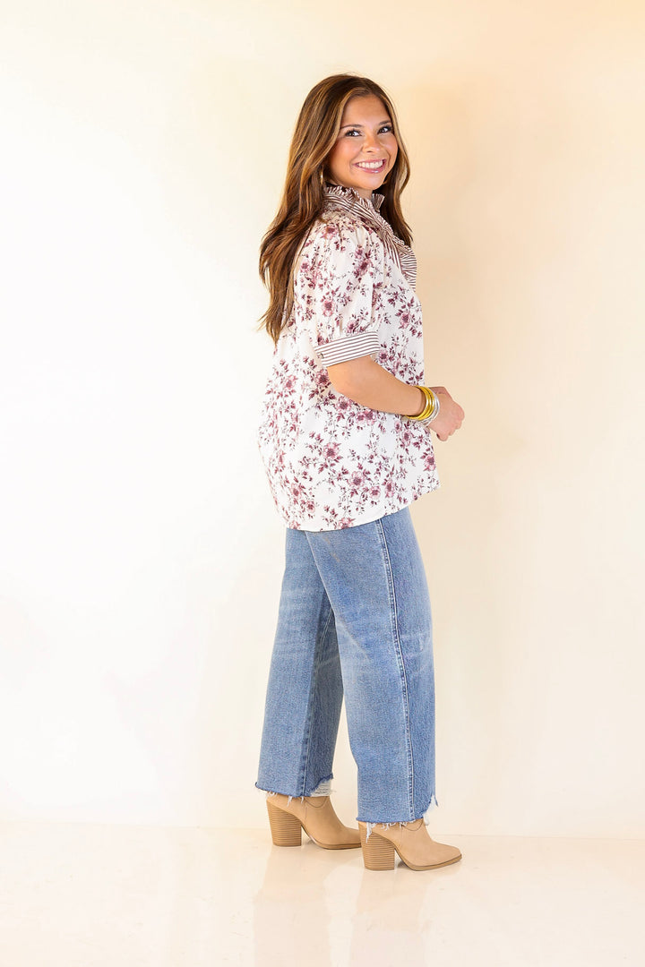 Timeless Beauty Button Up Puff Sleeve Top with Maroon Floral French Toile Print in Cream