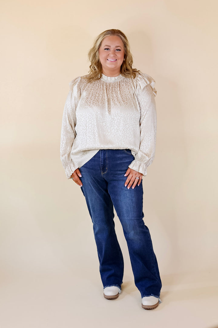 Can't Stop Me Ruffle Mock Neck Long Sleeve Leopard Print Satin Top in Ivory - Giddy Up Glamour Boutique