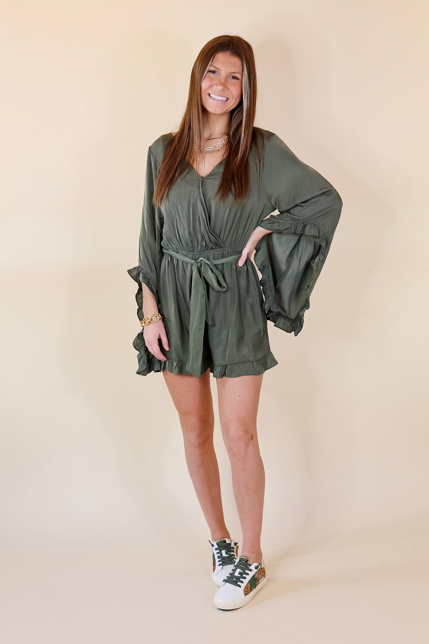 Something More Ruffle Trim Long Sleeve Satin Romper in Olive Green - Giddy Up Glamour Boutique