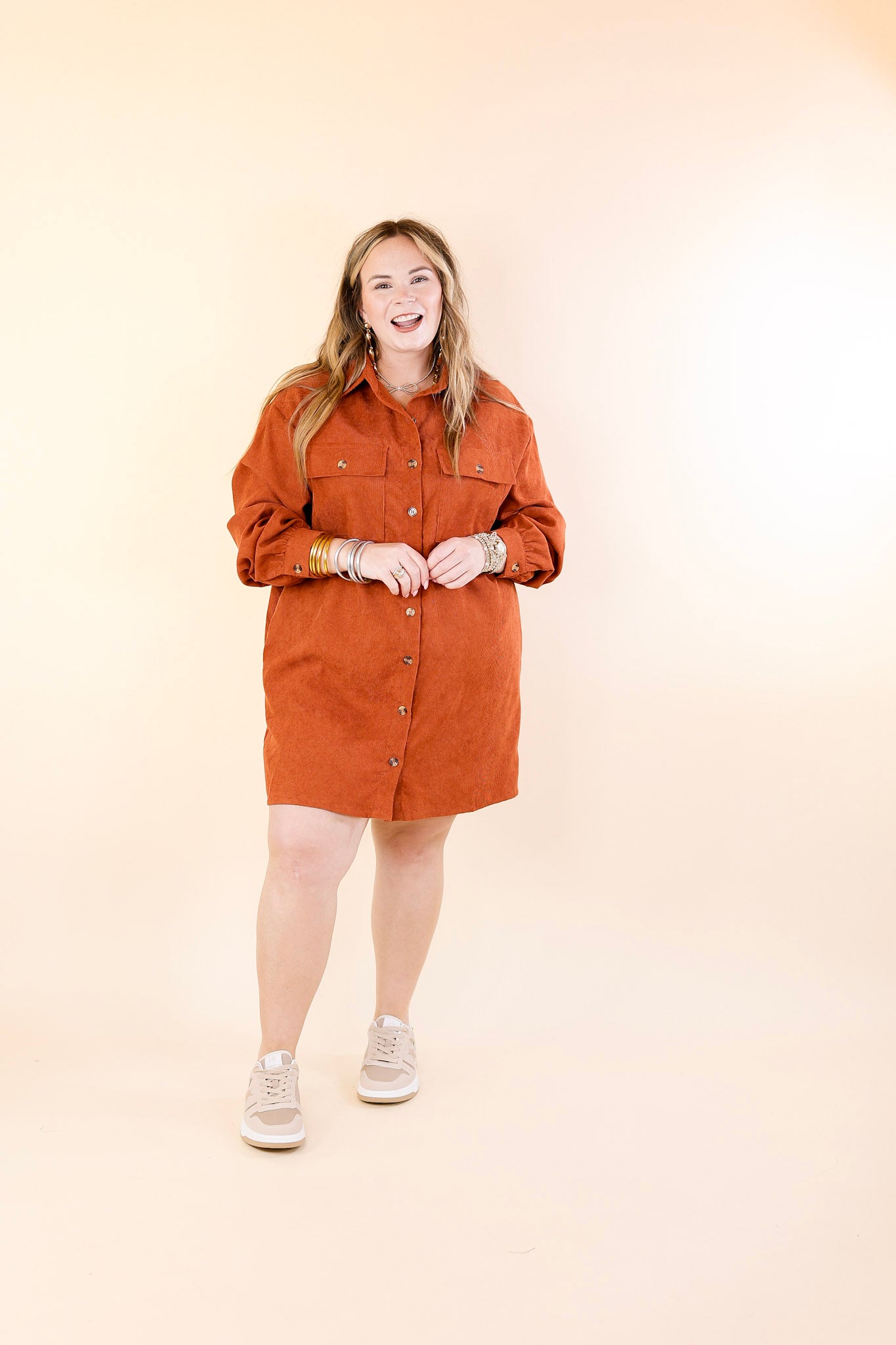 Peanut Brittle Button Up Corduroy Long Sleeve Dress in Rust Orange