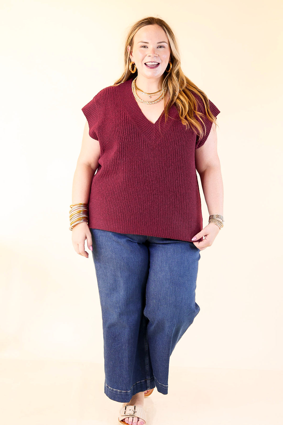 Fall For You Textured V-Neck Oversized Knit Sweater Vest Top in Maroon