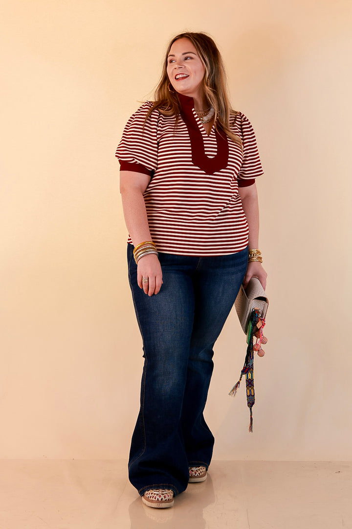 Confidently Yours Short Sleeve Contrast Trim Striped Top in Maroon and Cream
