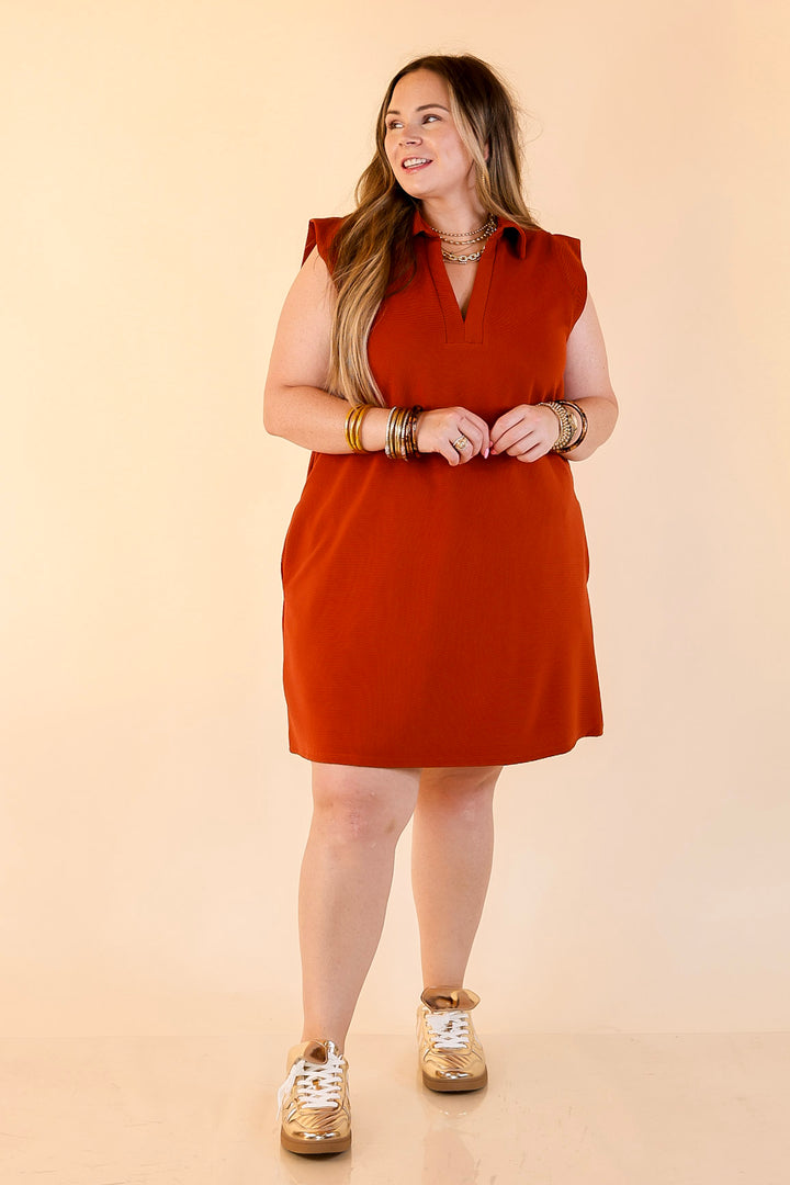 Polished Perfection Cap Sleeve Dress with Collar in Rust Orange
