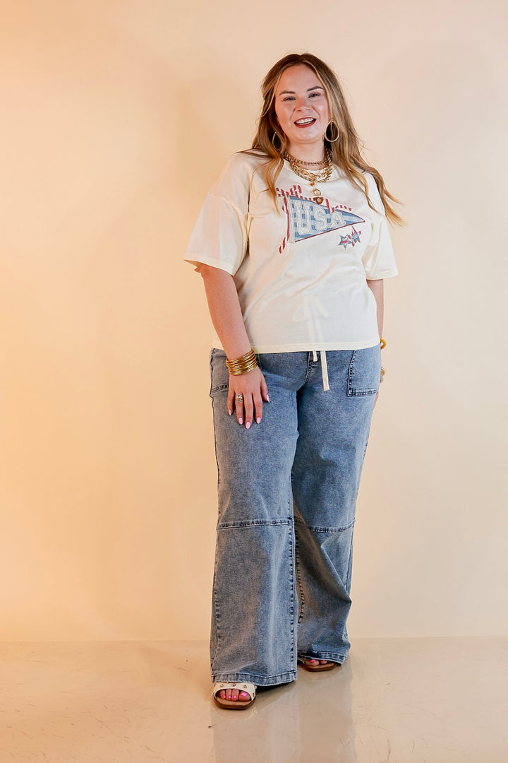 Simply Southern | American It Girl Short Sleeve Graphic Tee with USA Pennant Applique in Beige