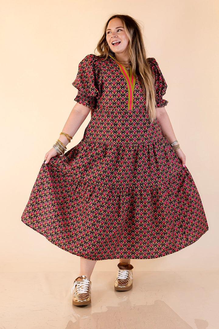 Vibrant Vision Floral Print Maxi Dress with Puff Sleeves and Contrast Trim in Black