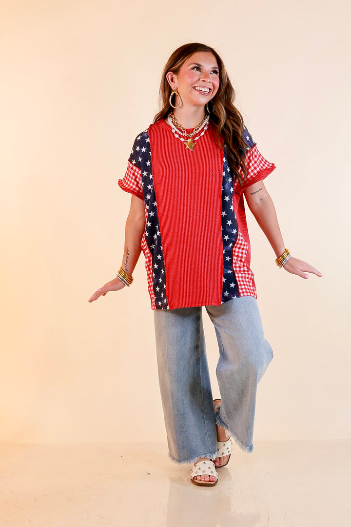 Make Your Mark Ribbed Scoop Neck Mixed Print Short Sleeve Top with Star and Gingham Detailing in Red