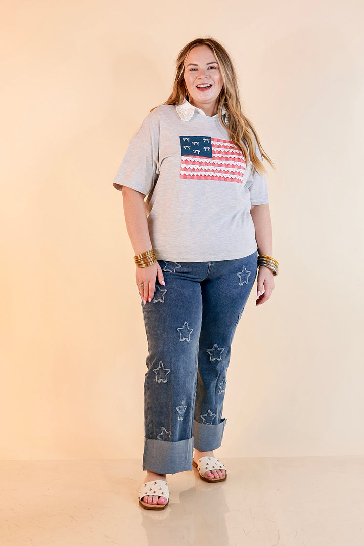 Simply Southern | American It Girl Short Sleeve Graphic Tee with Lace Flag Applique in Heather Grey