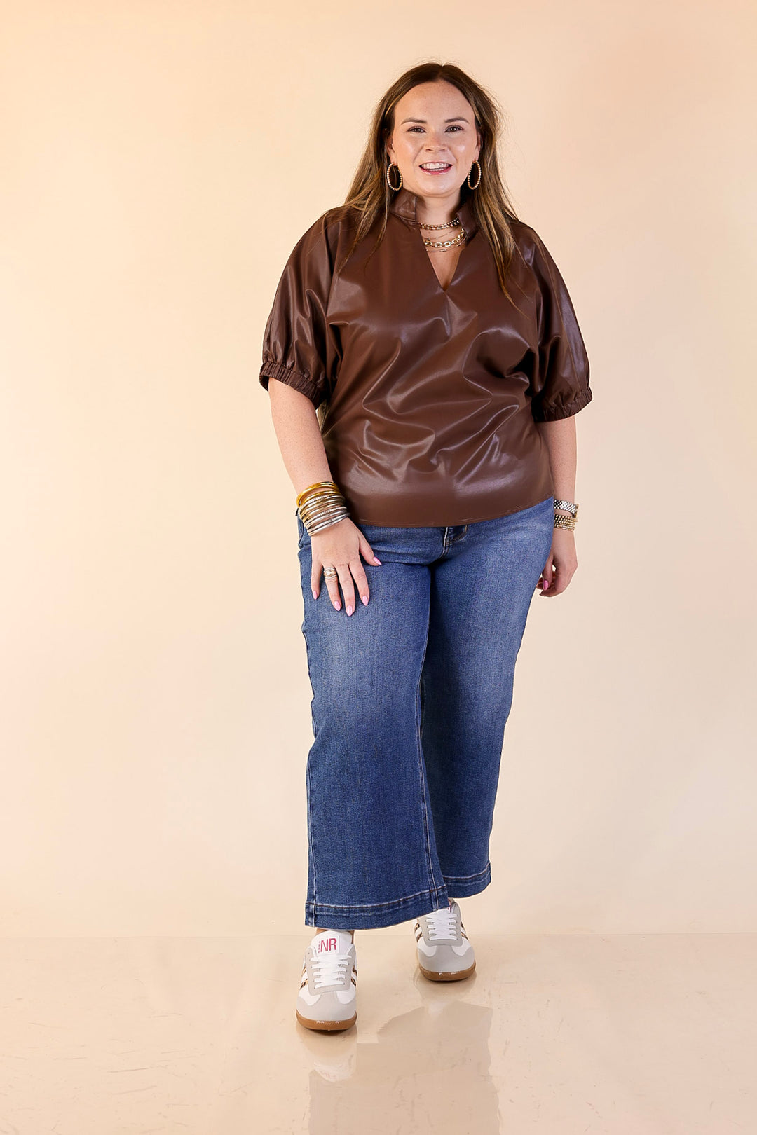 Effortlessly Cool Faux Leather Top with Short Balloon Sleeves in Chocolate Brown