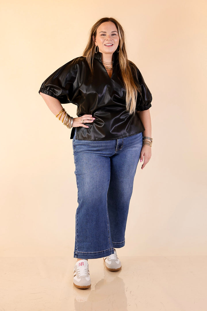 Effortlessly Cool Faux Leather Top with Short Balloon Sleeves in Black