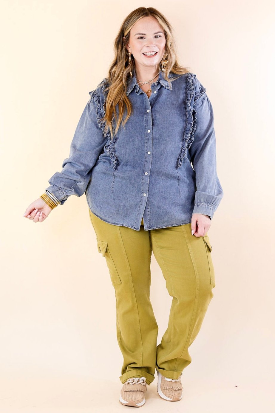 Attention To Detail Button Up Collared Denim Top with Ruffle Detail