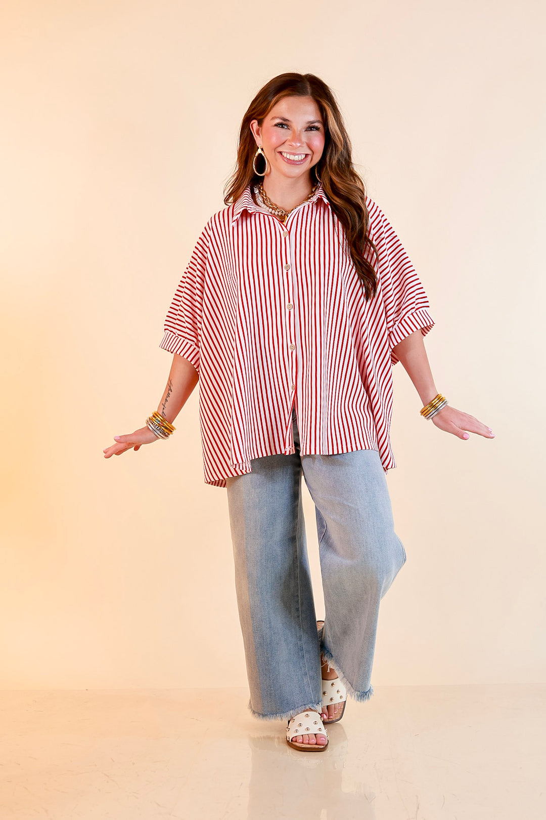 Effortlessly Aligned Button Down Collared Top with Vertical Ivory Stripe Detail in Red