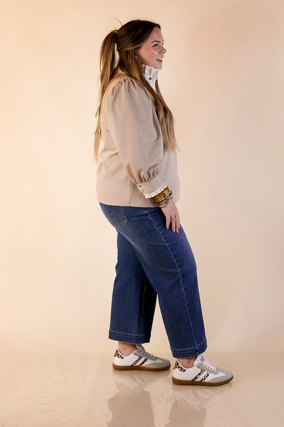 Refined Edge Puff 3/4 Sleeve Top with Collar Detailing in Sand