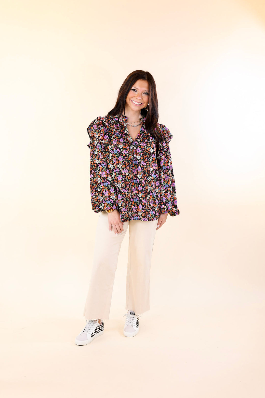 Never A Worry Floral Long Sleeve Pleated Detail Blouse in Black