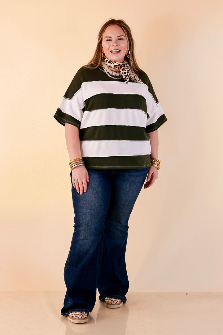Simply Styled Color Block Rugby Style Relaxed Short Sleeve Top in Olive Green