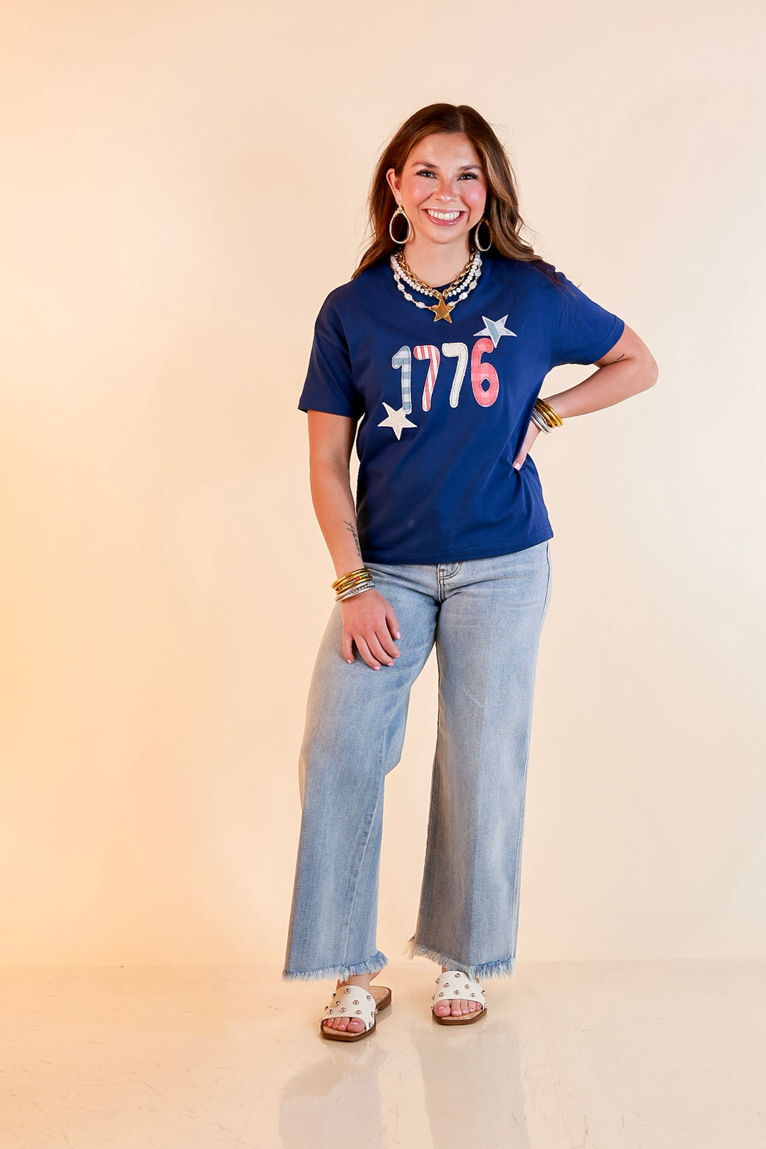 Simply Southern | American It Girl Short Sleeve Graphic Tee with 1776 Applique in Navy Blue