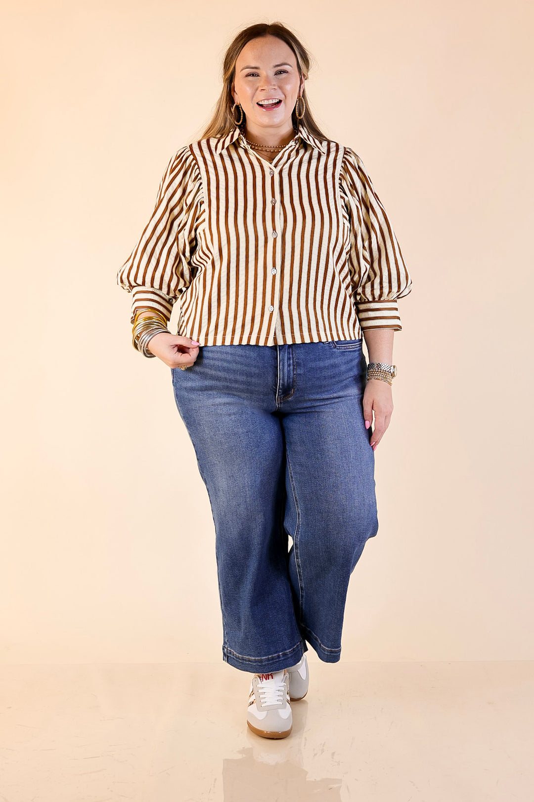 The Bold Type Striped Long Sleeve Button-Up Top in White with Chocolate Brown Stripes