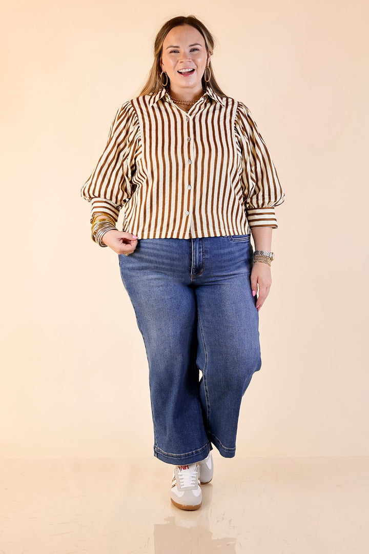 The Bold Type Striped Long Sleeve Button-Up Top in White with Chocolate Brown Stripes