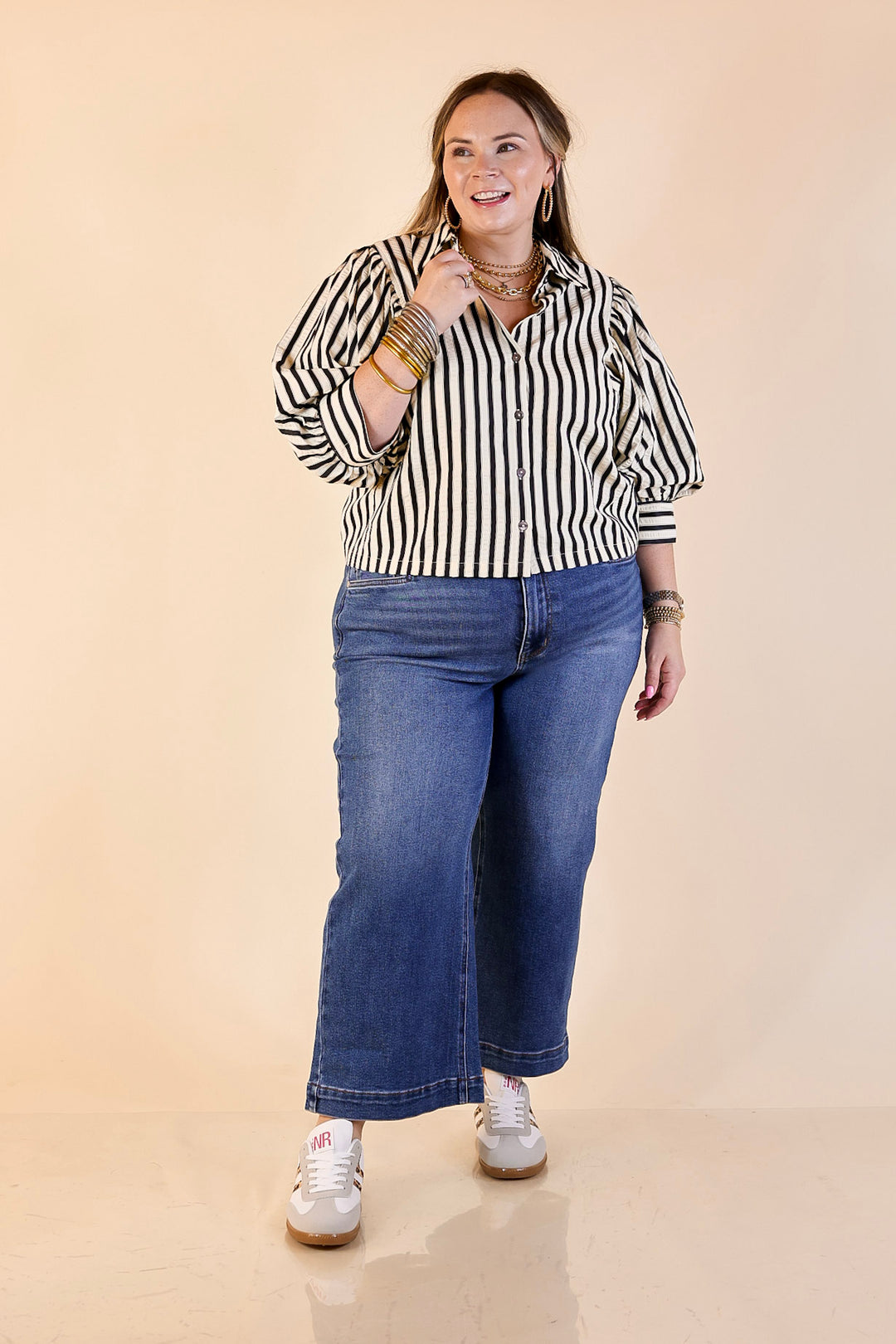 The Bold Type Striped Long Sleeve Button-Up Top in White with Black Stripes