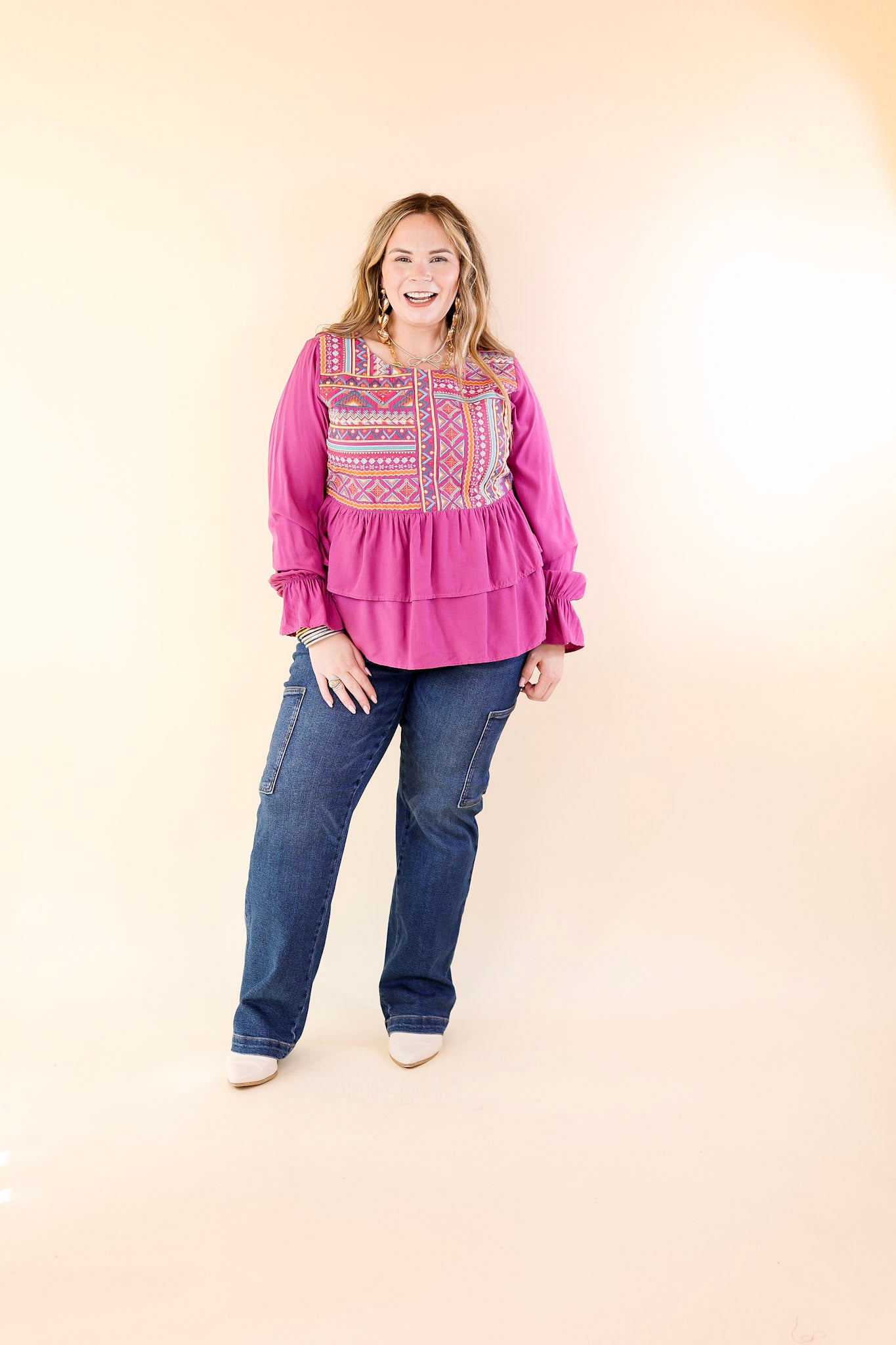 Rhythm Of The Season Embroidered Long Sleeve Top in Magenta