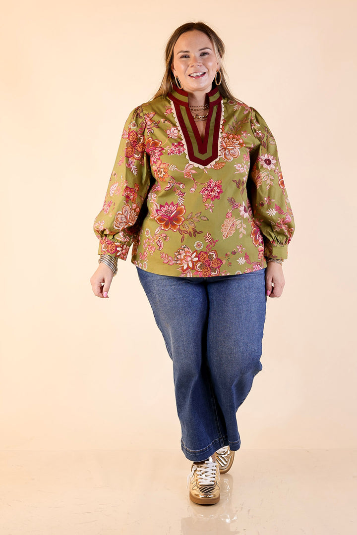 Autumn Allure Floral Long Sleeve Top with Contrast Trim in Olive Green
