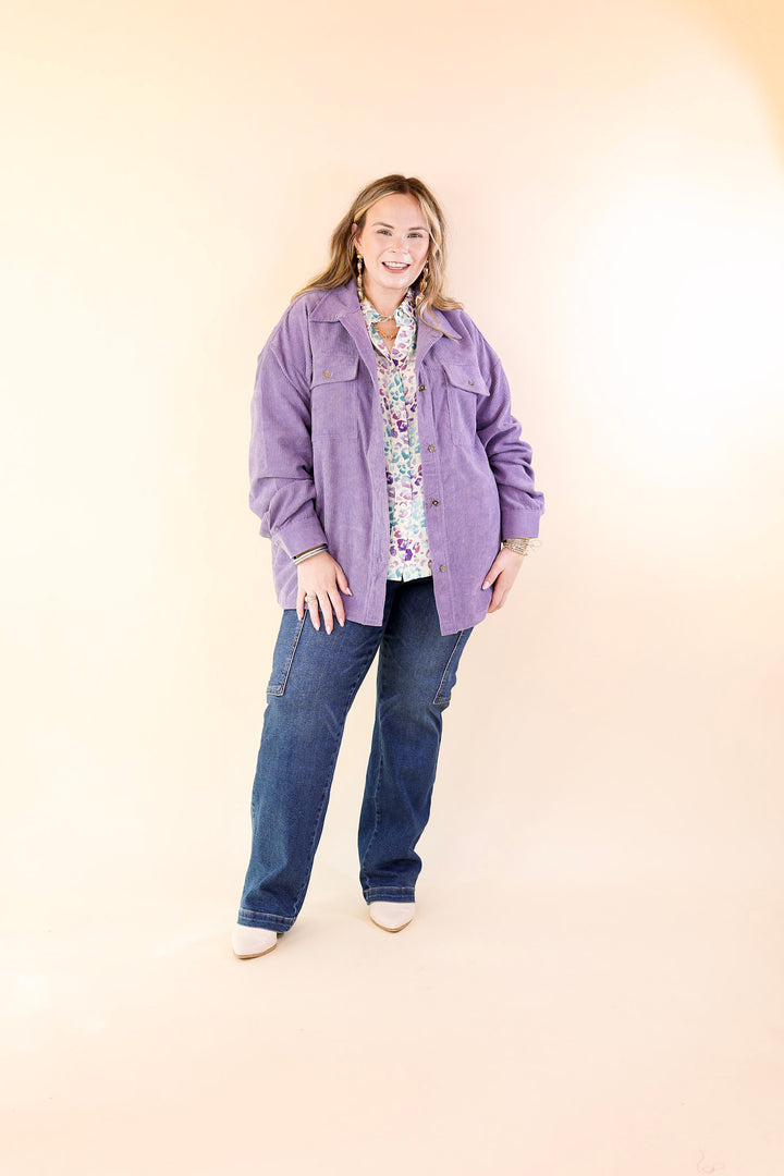 Latte Sips Button Up Corduroy Shacket in Dusty Purple